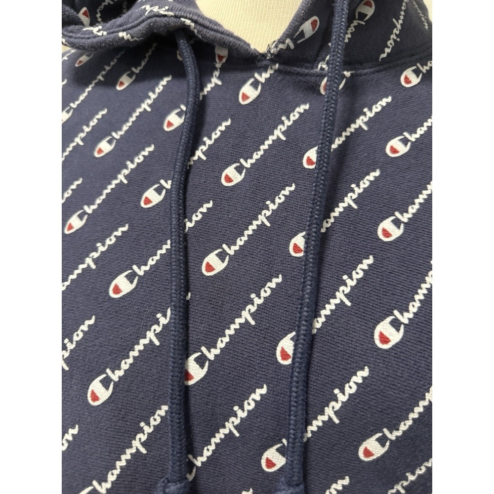 Champion Women Cropped All Over Print Logo Hoodie Reverse Weave Blue Size Small - Picture 6 of 8